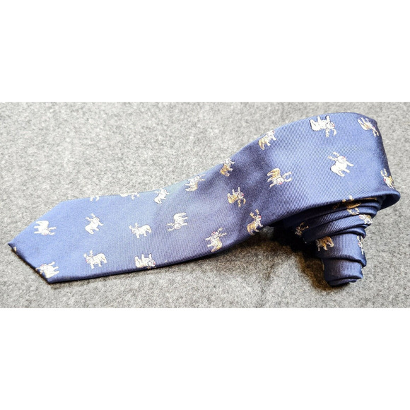 J Crew Christmas Tie Pug Reindeer Dog 100% Silk Blue 61" Long Necktie J.Crew - Picture 5 of 10